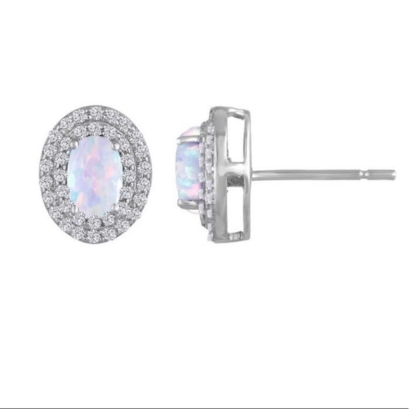 Lab-Created Opal & Lab-Create White Sapphire Double Halo Sterling Silver Studs - Picture 1 of 3